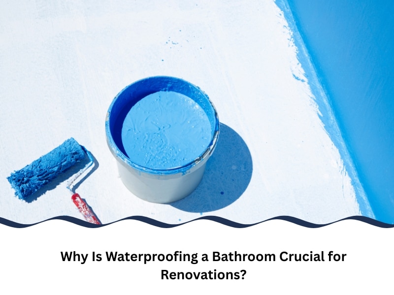 A top-down shot shows a paint roller and tin of blue waterproofing paint in a shower area being prepared for waterproofing.